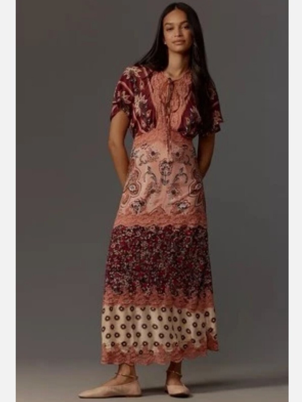 Farm Rio Bohemian Pink Multi-Print Lace-Trim Maxi Dress. Size S‎